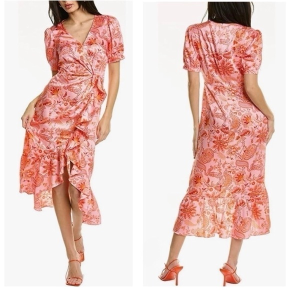 CINQ A SEPT Kay Faux Wrap Floral Print Short Flutter Sleeve MIDI Cocktail Dress - Picture 4 of 15